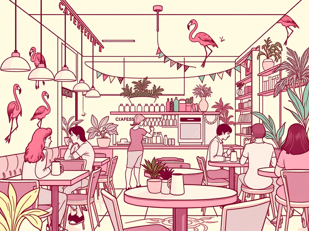 Flamingos Coffee House interior in Leeds, featuring cozy decor with flamingo accents and patrons enjoying their drinks.