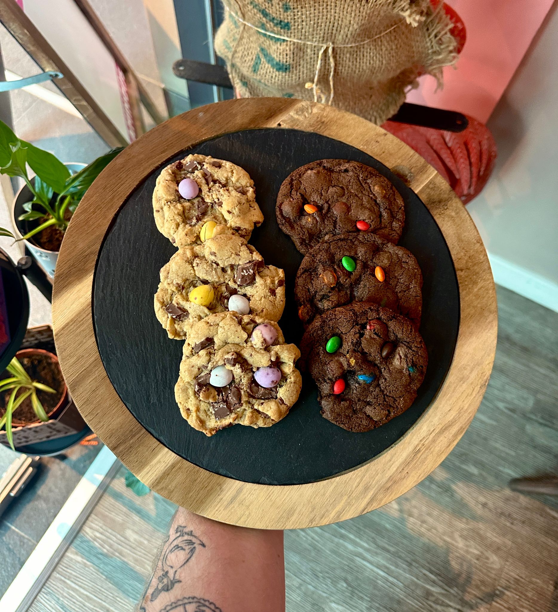Freshly baked chocolate chip and colorful candy cookies at Flamingos Coffee House in Leeds. Yum!